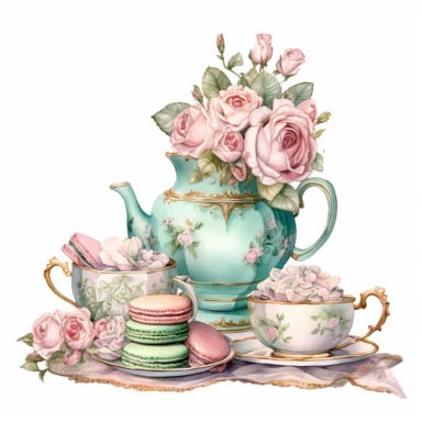 Make a clipart of a shabby chic, fairytale watercolor victorian party tea, nook, bright pastel colors of turquoise, green and pink, gold accents, rococo, black outlines, hd, white background