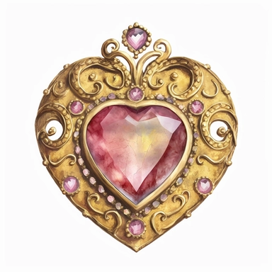 Gold Jewel Brooch with big pink faceted heart shaped Gemstone, small crystal inlays around gemstone, clean lines, watercolour painting, detailed, intricate, white background, clipart