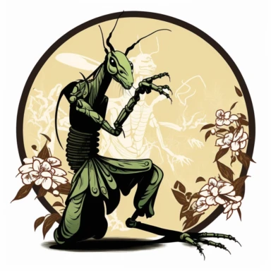 praying mantis doing kung fu tattoo design, Mike Giant style, flat, clipart