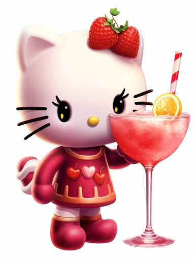 hello kitty drinking a pink cocktail at a swanky bar cartoon clipart watercolor 3d 32k hd
