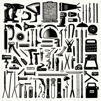 a black and white picture of various tools, a silk screen, fluxus, clipart, rows of tools, hammer, golf club, football, syringe, camera, drill, scissors, guitar, horn, axe, radio, sword, pliers, crowbar, airhorn, binoculars, blowtorch, shotgun, hockey stick, chainsaw, shovel, pitchfork, ladle, frying pan, creative commons attribution, business logo, (dark shorter curly hair), cogs:1000, 2010
