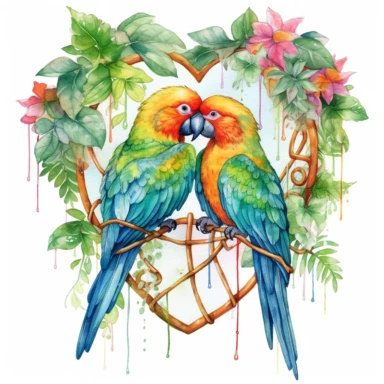watercolor clipart, two Lovebird Parrots in love with tropical gardens, sweet hearts around, watercolor sublimation design, Sublimation Clipart, hyper realistic, intricate detail, illustration style, isolated on white background for removing background, Super-Resolution, Megapixel
