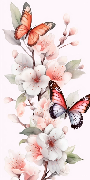 clipart Watercolor art of a cherry blossom branches, and butterflies, with soft pastel hues, illustration in the style of Ayami Kojima and J.C. Leyendecker, pixiv, high quality, highly detailed,on white background,fit image on paper, align center and middle, iw 0.75