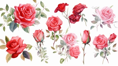 watercolor clipart sheet, beauty and the beast red roses ,watercolor, hyperrealistic white background watercolor, highly detailed, photorealistic, high quality, light pastel colors, romantic, delicate, feminine, florals, lots of details