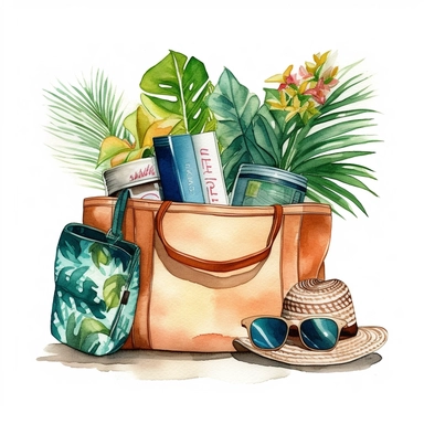 watercolor clipart of a stylish beach bag filled with essentials for a tropical getaway, brushstrokes, white background