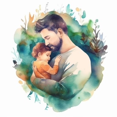 a beautiful scene of a Father and son hugging, so happy moment. The artwork should have an ethereal quality, with delicate layers of translucent colors and subtle gradients that give the impression of love and tender. Clipart, Watercolor, mystical, transparent background, for TShirt design