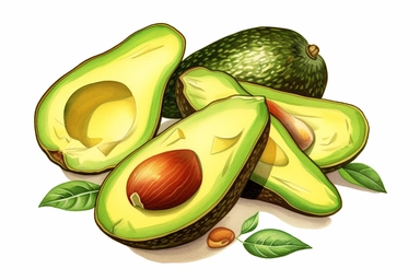 fresh chopped avocado, Clipart, On White Background, Vector Art, Spaced Out, Very Detailed, Colorful