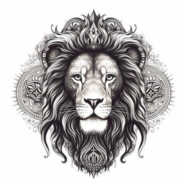 Design a majestic, black and white graphic tattoo that takes inspiration from the Persian 'shir-o-khorsheed' emblem. Feature a lion, standing fearless and calm, bathed in the glow of a radiant sun. The lion's features should be intricately detailed, a symbol of strength and authority. Ensure the sun's rays are bursting forth, giving the impression of a bright future and unfaltering optimism. Intertwine a Shamshir sword into the design, an emblem of courage and valor, perhaps held proudly by the 