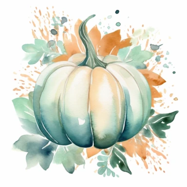 create a clipart of one watercolor pumpkin inspired by calming oceanic colors. Choose trendy shades like teal, seafoam green, coral, and sandy beige for each section of the pumpkin . Create gentle watercolor washes and incorporate subtle seashell or wave patterns to evoke a serene and coastal vibe