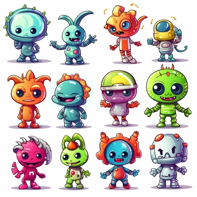 cute clipart of cartoon alien characters in different poses, chibi, colorful and cute, ultra detailed, vibrant colors, white background