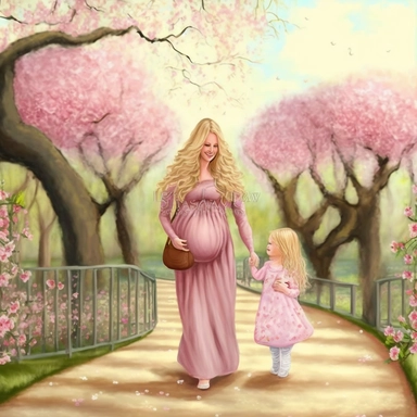 beautiful young pregnant mother with long beautiful blonde hair, toddler daughter with long beautiful hair holding hands walking in park, flowering trees, path lined with benches, highly detailed, realistic, fantasy, ethereal, soft colors, sharp focus, clipart style, fix dress