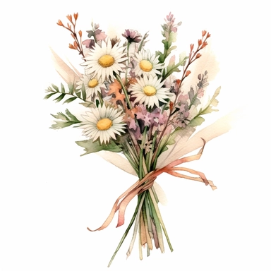 wild flowers with long stems tied together with string to make a bouquet, super-realistic, detailed, watercolor, light colors, clipart, minimalist