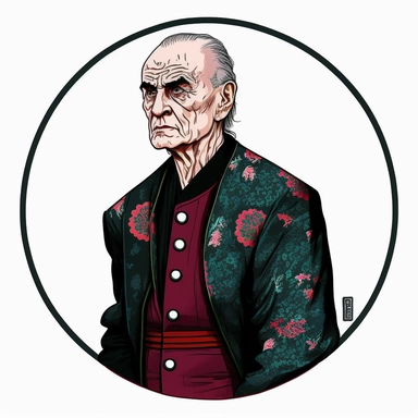dignified strong elderly fighter in a smoking jacket, handpainted enamel punk fashion poster, clipart illustration, circle white background, circle border