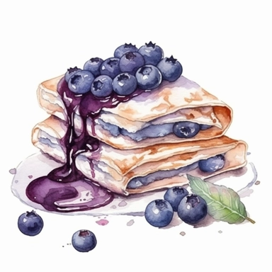 a watercolor Crepe with blueberry dessert clipart, hd, on white background, spaced out