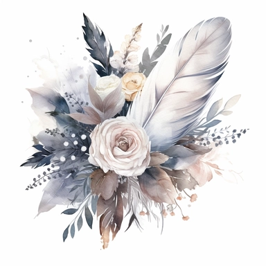 Watercolor dusty greay and white feathers bouquet clipart white background no text wedding style thick outline eligible for transparent background