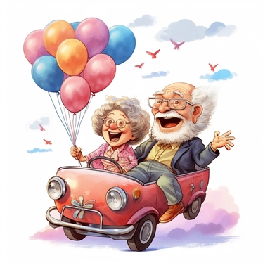 Cartoon funny grandpa and grandma riding a convertible car illustration clipart, detailed, white background, illustration painting, digital art, 8k, hd, watercolor