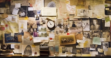 color photo of an Investigation Board full of old and new pictures and notes, close-up of one corner, unorganized, chaotic, messy, cluttered, overwhelming, textured, intricate, complex, detailed, with torn edges, faded colors, scribbles, post-its, lines, arrows, dates, labels, names, faces, maps, charts, graphs, and newspaper clippings — night, dimly lit, with a single lamp casting shadows and highlights on the board — camera settings: Canon EOS 5D Mark IV, Kodak Portra 800 35mm film, Canon EF 5