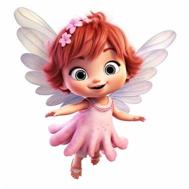 a happy baby fairy girl, pink flower dress, full body image, big wings, pixar style, clipart, white background,