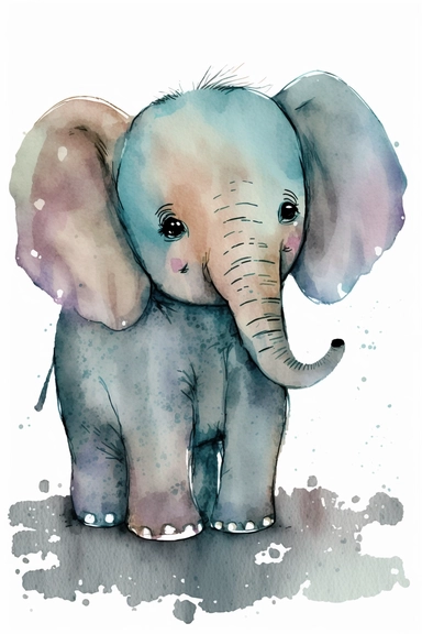 Watercolor cute elephant clipart, outline, color pastel, high quality, aesthetic style, illustration isolated on white background