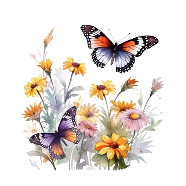 watercolor style butterflies flying among delicate wildflowers isolated on white background clipart
