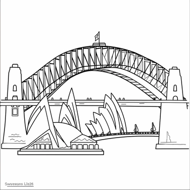[Theme: Australia] Sydney Harbour Bridge, simple clipart, coloring book for kids, minimalist cartoon vector line art, thick solid black lines, black and white, isolated on white background