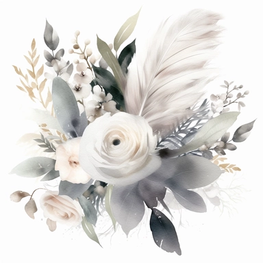 Watercolor dusty greay and white feathers bouquet clipart white background no text wedding style eligible for transparent background