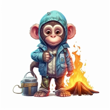 cute Monkey character wearing camping clothes and camping gear with happy face,front facing on isolated background,with happy face and expression,Animal Sublimation Clipart,no splash watercolor,white background, ultra detailed clipart, cut out image, colorful watercolor realistic, cartoon style, ultra HD, sharp and clean art