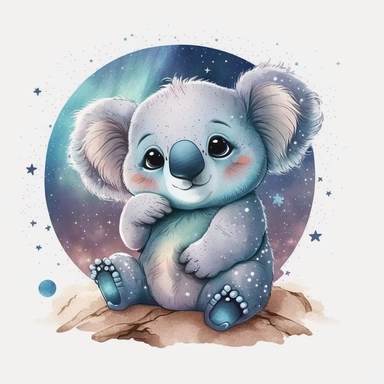 The most cutest cartoon baby koala with big open eyes, on a planet clipart, planets, watercolor, dream art, baby animals, vector art, children art, particles around the object, children cartoon, sticker art design, white background,