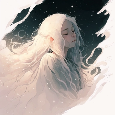 Young beautiful innocent kind girl with white hair sleeping, lying down deeply sleeping in a comfy bed. Strong and brave. Portrait. Shimmering translucent skin. Fantasy, meditating, holy. Puffy pillows and bed. Dappled lighting. Tulle layers detailed layering sun dress. Muted Pastel color lighting. Watercolor Clipart, cel shading, vector, clipart, 8k, line art, sacred geometry, surreal, glistening highlights, stars in her hair, purple eyes, acrylic art style, beautiful cartoon anime, portrait, m