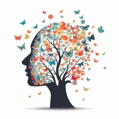 Human brain tree with flowers and butterflies, Vector, Minimal style, clipart style, logo design, white background
