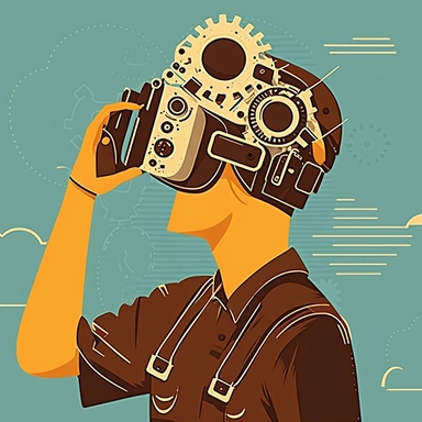 worker in vr headset, industrial, helmet, virtual reality hmd, repairing hardware, poster, simplistic, abstract, vector, 2d illustration, clipart, few colors