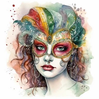 mardi gras, cute girl wearring carnival mask, kaluta art style, pen and ink watercolor clipart,isolated on white background