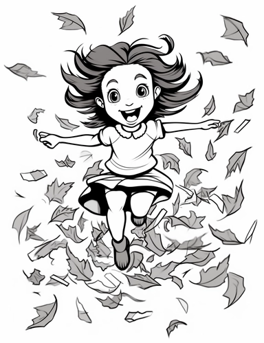 clipart cartoon a girl jumping in a pile of leaves in the style of Pierre-Auguste Renior black and white child's coloring book, black and white smooth thick lines, solid white background, no background