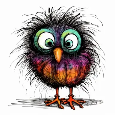 Funny colorful cartoon bird like a pompon clipart with big beautiful eyes and long beautiful legs, distinct fine details, watercolor technique, black contour lines