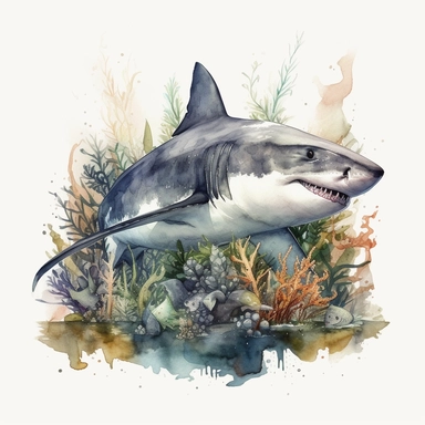 watercolor clipart consist of shark playing around corals and seaweed. The shark is fullbody with realistic proportion as original great white shark. Produce very high detailed shark. Left some empty white space around the image frame