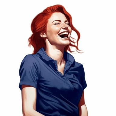 photo-realistic waist level view of beautiful and physically fit Scottish American woman, age 25, wearing a royal blue polo shirt, beautiful red hair, laughing at a very funny joke, waist view on white background for vector clipart