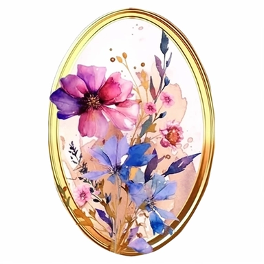 alcohol ink wild flower clipart, in an oval shape arrangement, gold trim, spring, boho