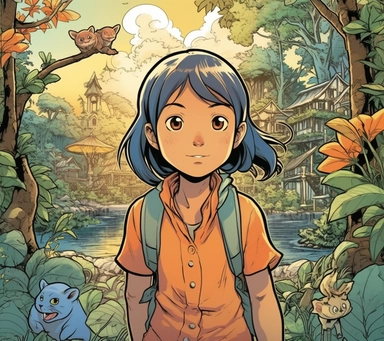 Blend of comic book art and lineart in a flat full color children's book in the style of Jilian Tamaki illustration. Yuna, an eight-year-old girl who recently immigrated to the United States from Japan. Despite the challenges of starting over in a new country, Yuna is a brave and adventurous spirit. She has a fair complexion, with rosy cheeks that glow with excitement when she explores her new surroundings. Her hair is long and straight, jet black in color, and often tied back in a high ponytail