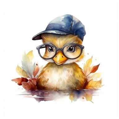Cute duck BABY WITH GLASSES AND baseball CAP, BIG BEAUTIFUL SHINNING EYES, HEAD TWISTED DOWN TO THE SIDE, Watercolor Little Animals Clipart, LEAVES AND TREE , autumn