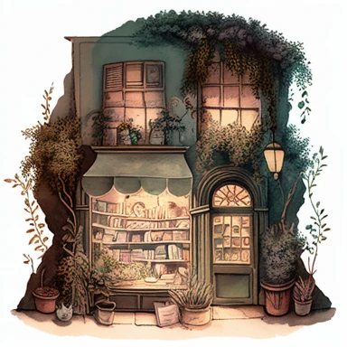 A cozy watercolor clipart image of an old fairy storefront of a bookstore with intricate details, the storefront should display different angles, the storefront should have various foliage, vines, and trees on it. night-time lighting, enchanting lighting, various styles of buildings and european cultures,neutral and muted tones, delicate subtle colors,