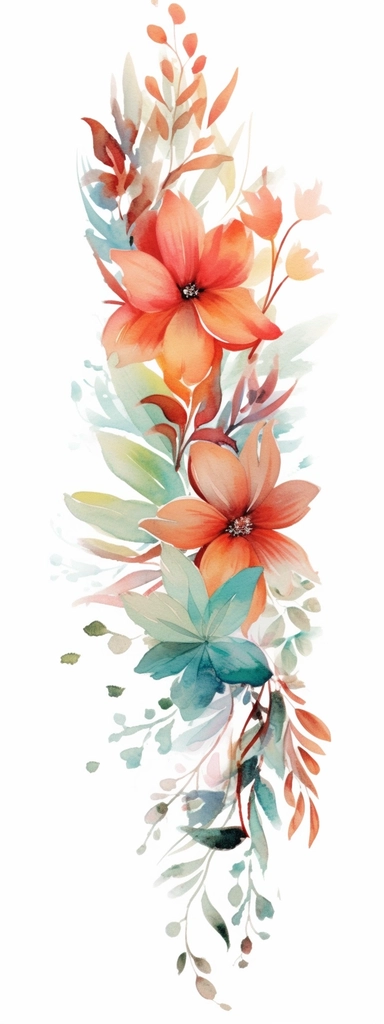 watercolor christmas flower border, clipart isolated on clear white background, bright colors, boho, lithograph, 32k uhd, textural