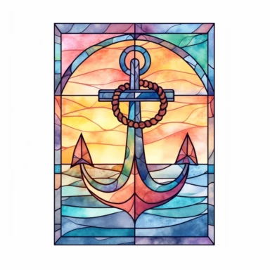 commercial shot of watercolor nautical anchor Stain glass window clipart, whimsical, sublimation clipart, fantasy, deep colors, high quality watercolor style clipart, isolated on white, award winning,