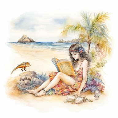 reading on a tropical beach, fantasy, ultra detailed, watercolor, clipart, no background