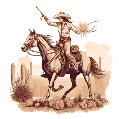 vintage retro clipart a cowgirl on a rearing bronco in the desert, large sun and cacti, white background