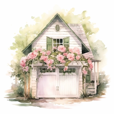 Peony Carriage House - Part of the Whimsical Botanical Dwellings collection, this watercolor clipart showcases a charming carriage house built from Peony Blush and Fern Green peonies. The carriage house's soft pink walls and verdant roof are attractively highlighted against the white background, making the unique design pop out.