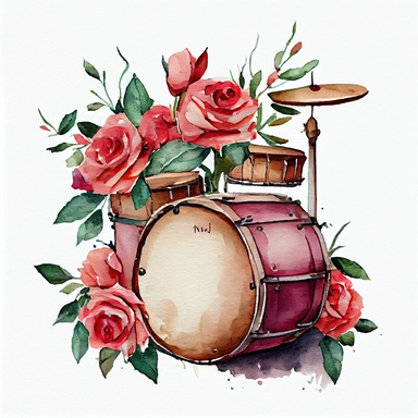 watercolor painting of a drum set with roses on white background, clipart, illustration, ultra detailed art