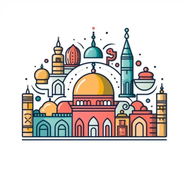 islamic multiple symbols and things like mosque, book, dome, and many, clean cut, for clipart, simple