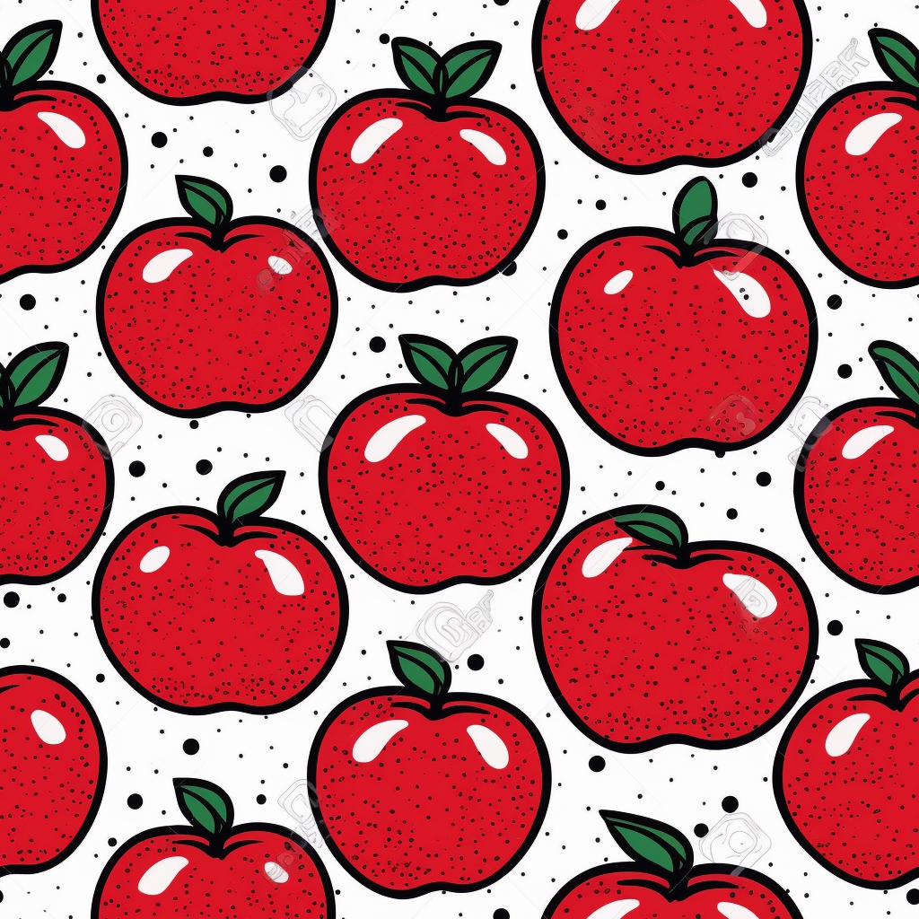 create clipart style sticker color illustration of red apples with a thick black and white sticker style outline in 8K resolution on a white background, seamless,repeat pattern,