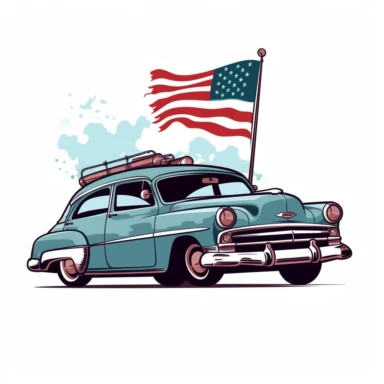 an old car with an american flag on a small pole on the back waving in the wind as the car is traveling in clipart style on a white background