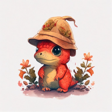The cutest and tiniest baby dinosaur ever, red, wearing a hat, exploring, Watercolor Clipart, strybk, full Illustration, 4k, sharp focus, watercolor, smooth soft skin, symmetrical, soft lighting, detailed face, concept art, muted colors, watercolor style, strybk, children's style fairy tales, chibi kawaii, . Octane rendering, 3d. Perfect face, detailed face, delicate face, perfect sharp lips, detailed eyes. Craig Davison, Aubrey Beardsley, Conrad Roset, Aikut Aidogdu, Agnes Cecil, watercolor sty